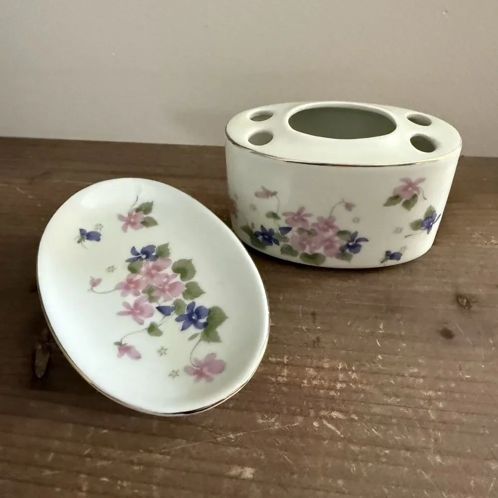 Vintage Pedestal Soap Dish And Matching Toothbrush Holder Set Floral Cottagecore